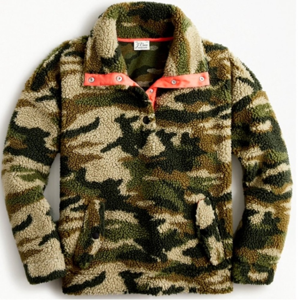 EUC J. Crew Sherpa Fleece Snap Collar Sweatshirt Olive Green Camo Size M